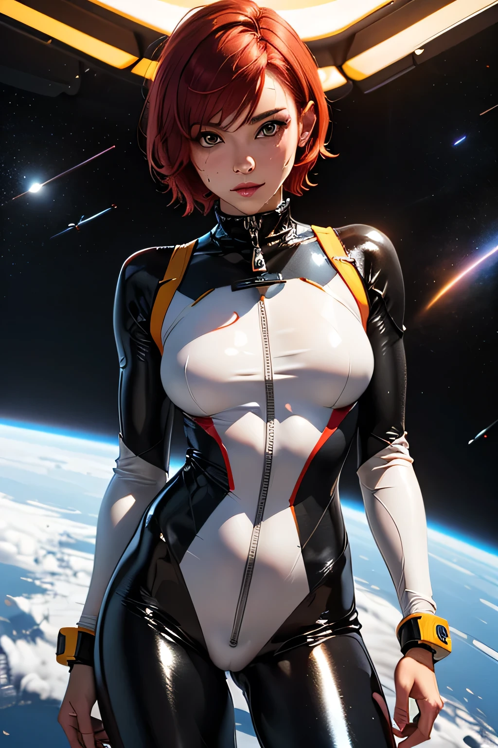 (Photorealsitic:1.4)、female、45 year old、Soryu Asuka Langley、Eva Unit 2 pilot、Colossal 、extremely busty,A slender、((((Wearing a gray pilot suit))、top-quality、extremely delicate and beautiful、high resolution、beautiful illuminating、1girl in、tall philanthropist、Earth Eye、Brown hair、(So real that you can mistake it for a photo)、illuminating the face、illuminating、face perfect、(Ultra-detailed eyesnose-mouth-tongue)、sexypose、illuminating the face、(Draw the whole body)、face perfect、space station,, upper body, cowboy shot,