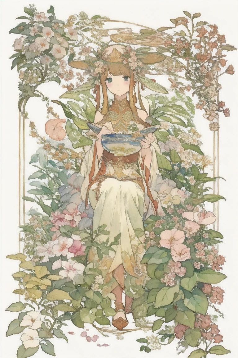 Mucha art deco style, Plant and tree design、Watercolor, 