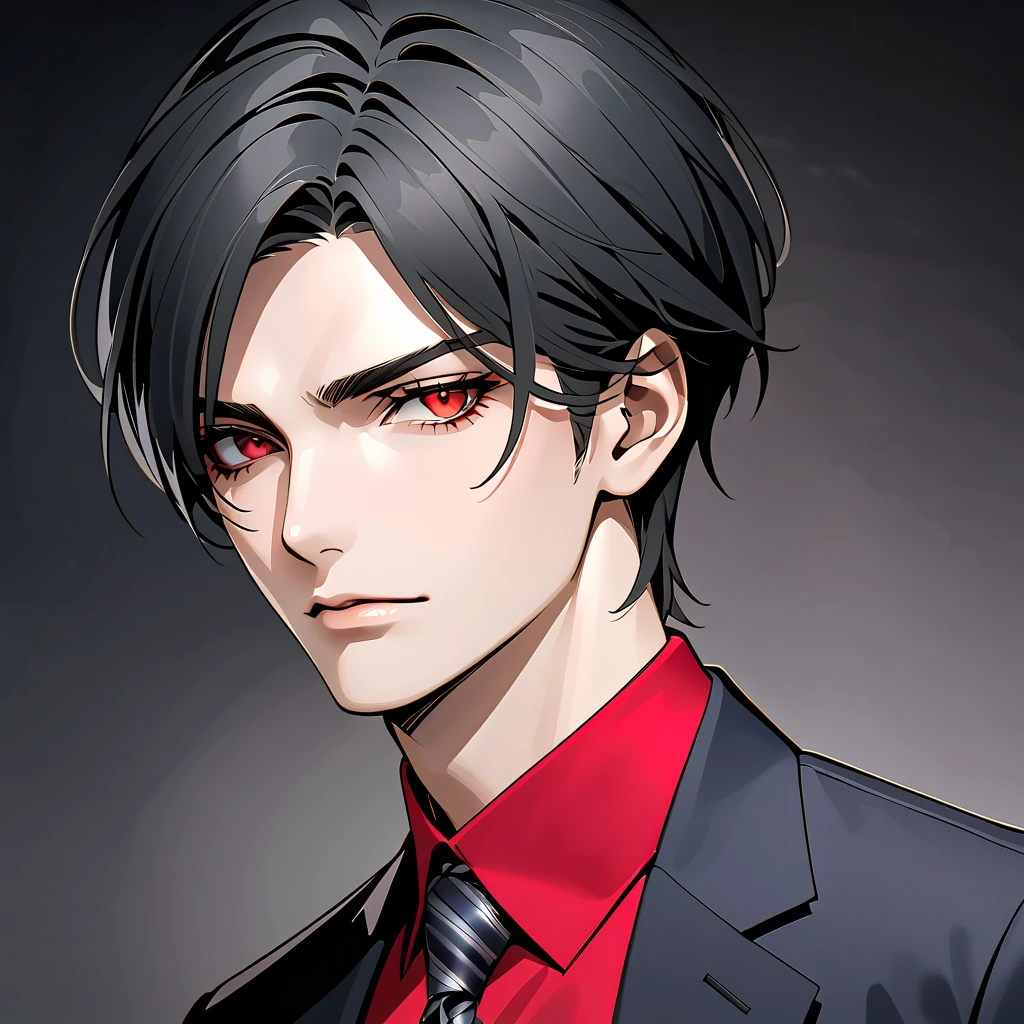    black hair,    sharp eye, Lewd Eyes, male　  red eyes　 short hair 　   handsome, ,   business suit　 portrait　  upper body　  snapshot　  cowboy shot 