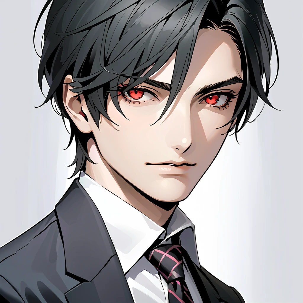    black hair,    sharp eye, Lewd Eyes, male　  red eyes　 short hair 　   handsome, ,   business suit　 portrait　  upper body　  snapshot　  cowboy shot 