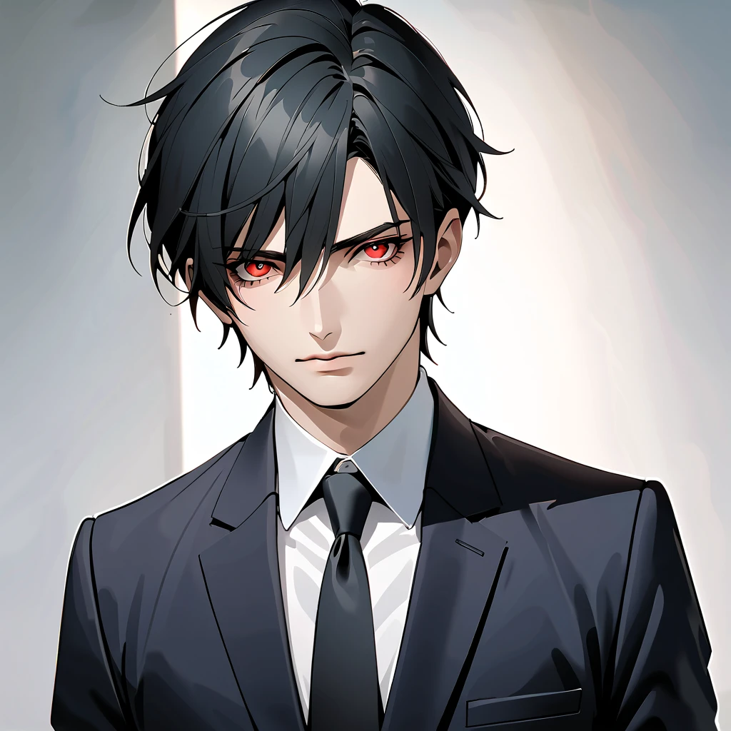    black hair,    sharp eye, Lewd Eyes, male　  red eyes　 short hair 　   handsome, ,   business suit　 portrait　  upper body　  snapshot　  cowboy shot 