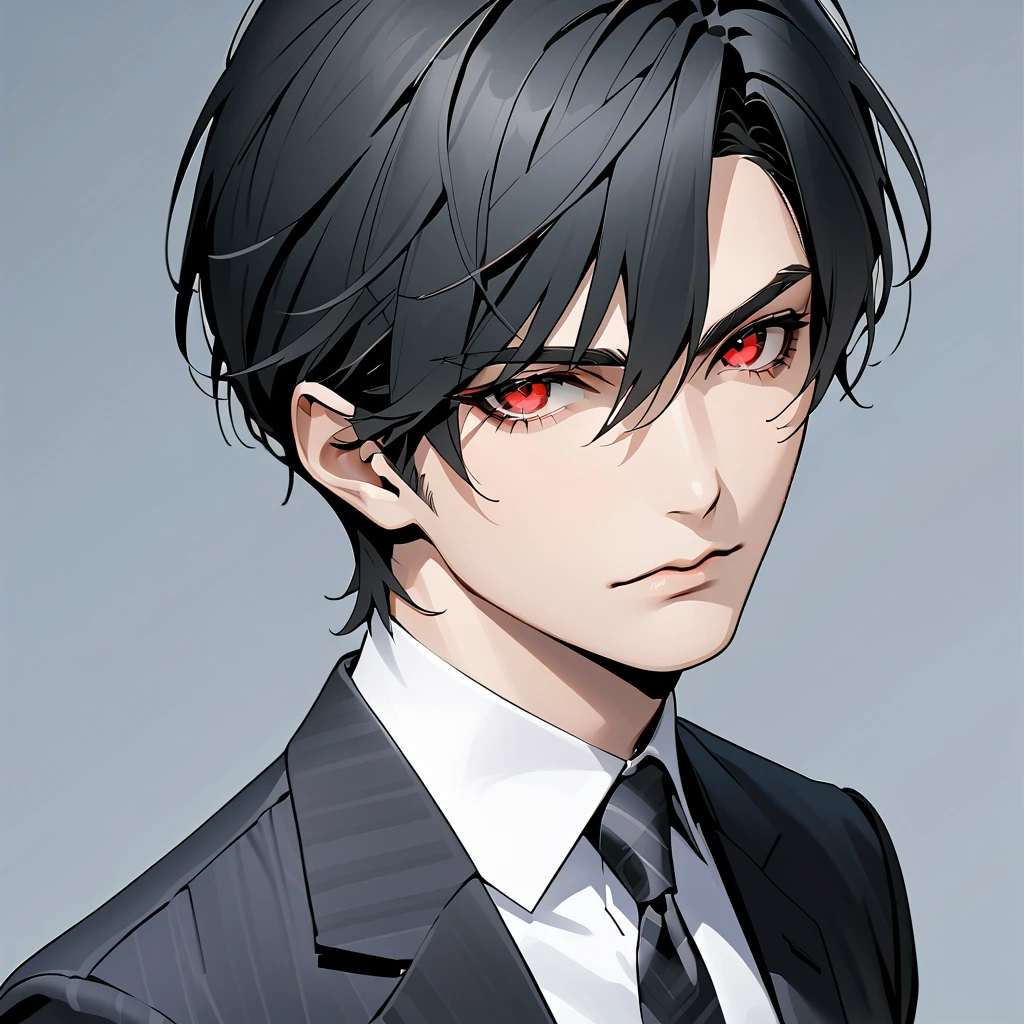    black hair,    sharp eye, Lewd Eyes, male　  red eyes　 short hair 　   handsome, ,   business suit　 portrait　  upper body　  snapshot　  cowboy shot 