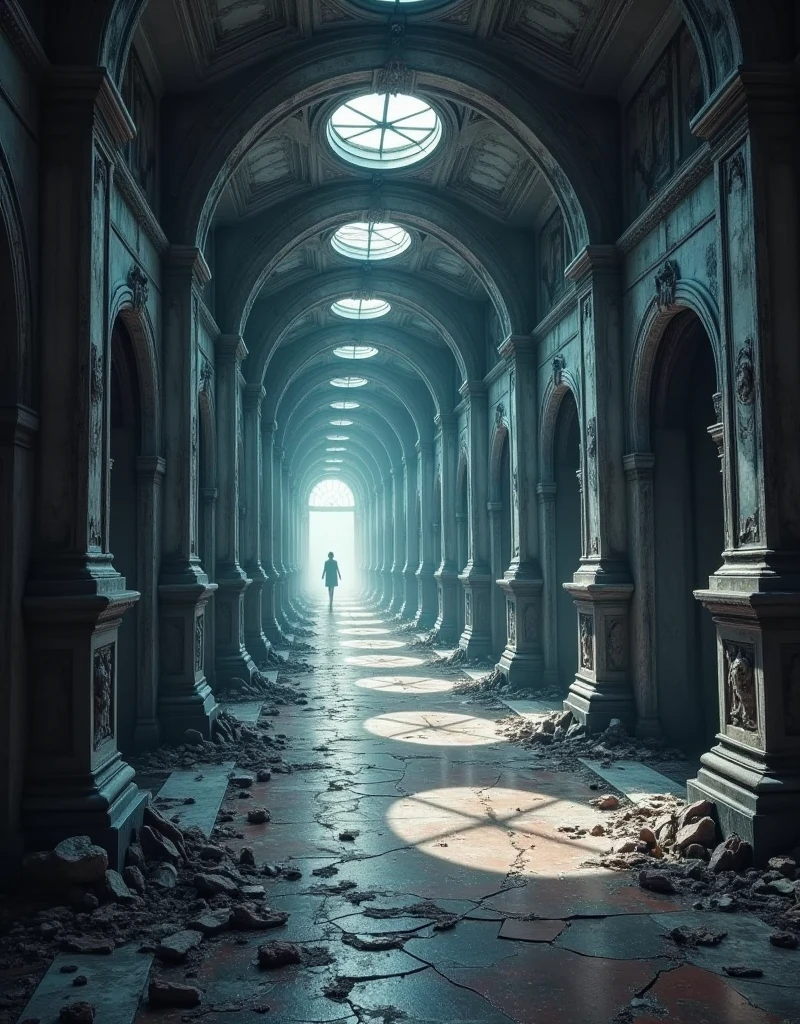 a long, winding corridor with no end, intricate architecture, mysterious atmosphere, dimly lit, dramatic shadows, moody lighting, gloomy ambiance, dusty and aged, crumbling walls, cobwebs, flickering lights, sense of unease, unsettling presence, (best quality,4k,8k,highres,masterpiece:1.2),ultra-detailed,(realistic,photorealistic,photo-realistic:1.37),dark fantasy,gothic,chiaroscuro,cinematic