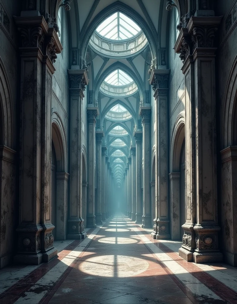 a long, winding corridor with no end, intricate architecture, mysterious atmosphere, dimly lit, dramatic shadows, moody lighting, gloomy ambiance, dusty and aged, crumbling walls, cobwebs, flickering lights, sense of unease, unsettling presence, (best quality,4k,8k,highres,masterpiece:1.2),ultra-detailed,(realistic,photorealistic,photo-realistic:1.37),dark fantasy,gothic,chiaroscuro,cinematic