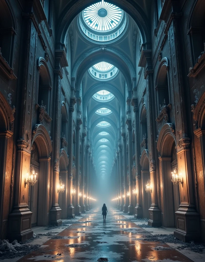 a long, winding corridor with no end, intricate architecture, mysterious atmosphere, dimly lit, dramatic shadows, moody lighting, gloomy ambiance, dusty and aged, crumbling walls, cobwebs, flickering lights, sense of unease, unsettling presence, (best quality,4k,8k,highres,masterpiece:1.2),ultra-detailed,(realistic,photorealistic,photo-realistic:1.37),dark fantasy,gothic,chiaroscuro,cinematic