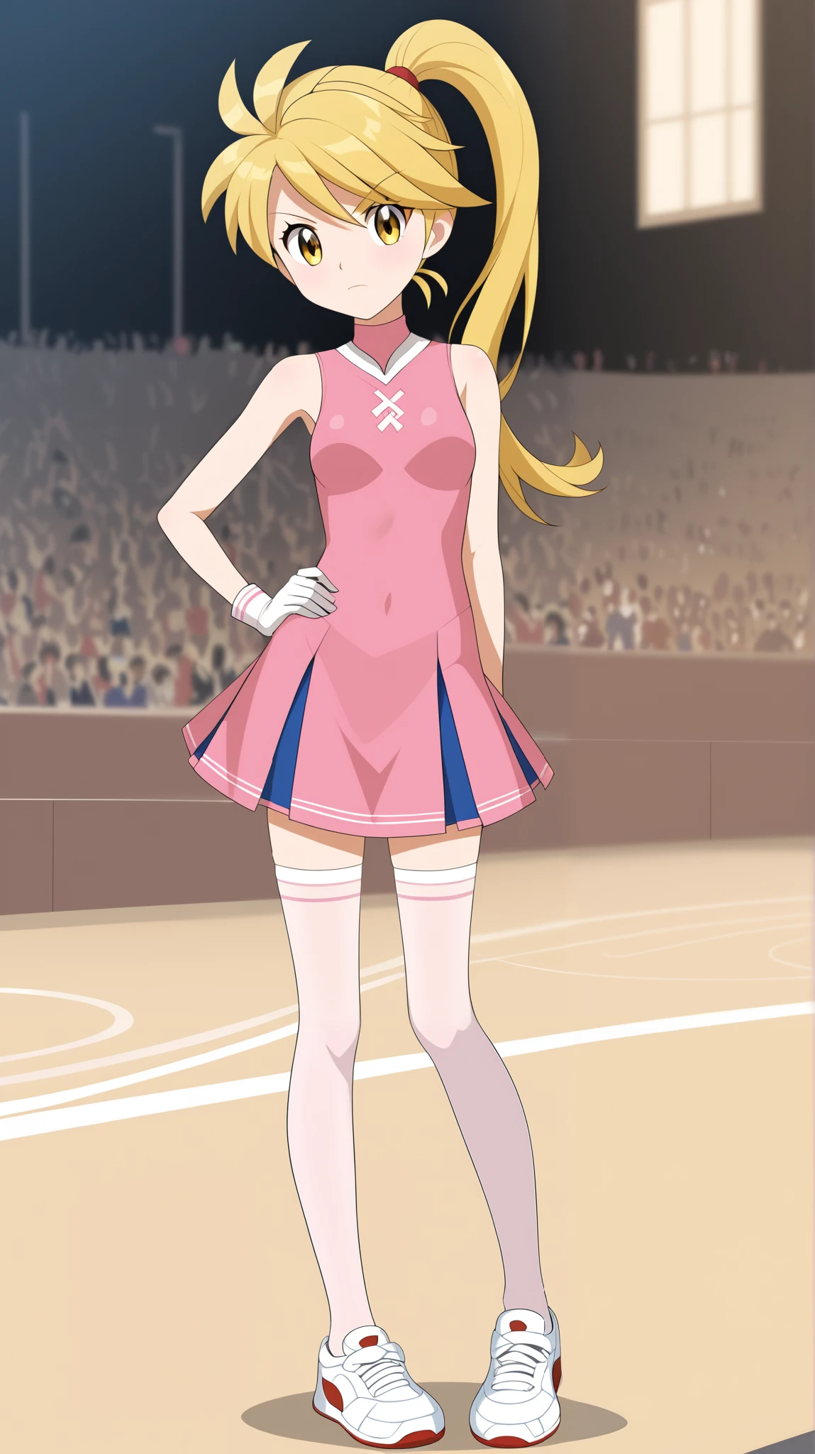 (( top quality)), ((masterpiece)), (( Details)), 1girl, Two legs, two arms,  golden hair color,  ponytail,  long hair, Yellow Eyes, Cheerleader Costume,  pink sleeveless shirt without gloves,  pink pleated mini skirt,  white knee-high stockings reflective on glass floors, white lace up shoes ,  Tall,  ANIME COLORING BOOK,  Audience , 1 Female, Age 18,  is standing, whole body, Place one hand on hip,  slim figure, anger, town, (\ Pokémon\),  score_9,  score_8_Excellent,  score_7_Excellent,  score_6_Excellent,  source_Anime,  cell shading,  flat color, vector,