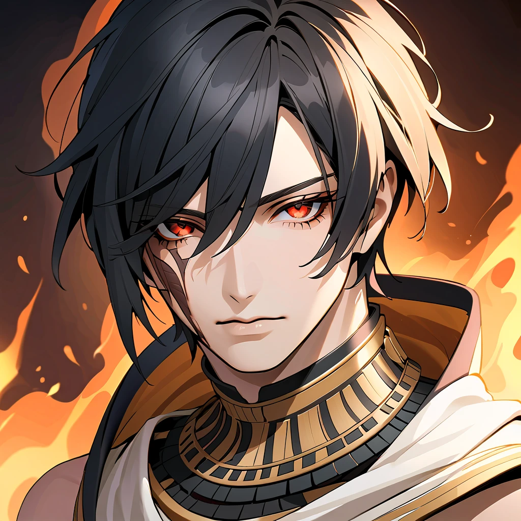    black hair,    sharp eye, Lewd Eyes, male　  red eyes　 short hair 　   handsome, ,   Ancient Egyptian Costumes　Burnt Skin Color 　 portrait　  upper body　  snapshot　  cowboy shot 