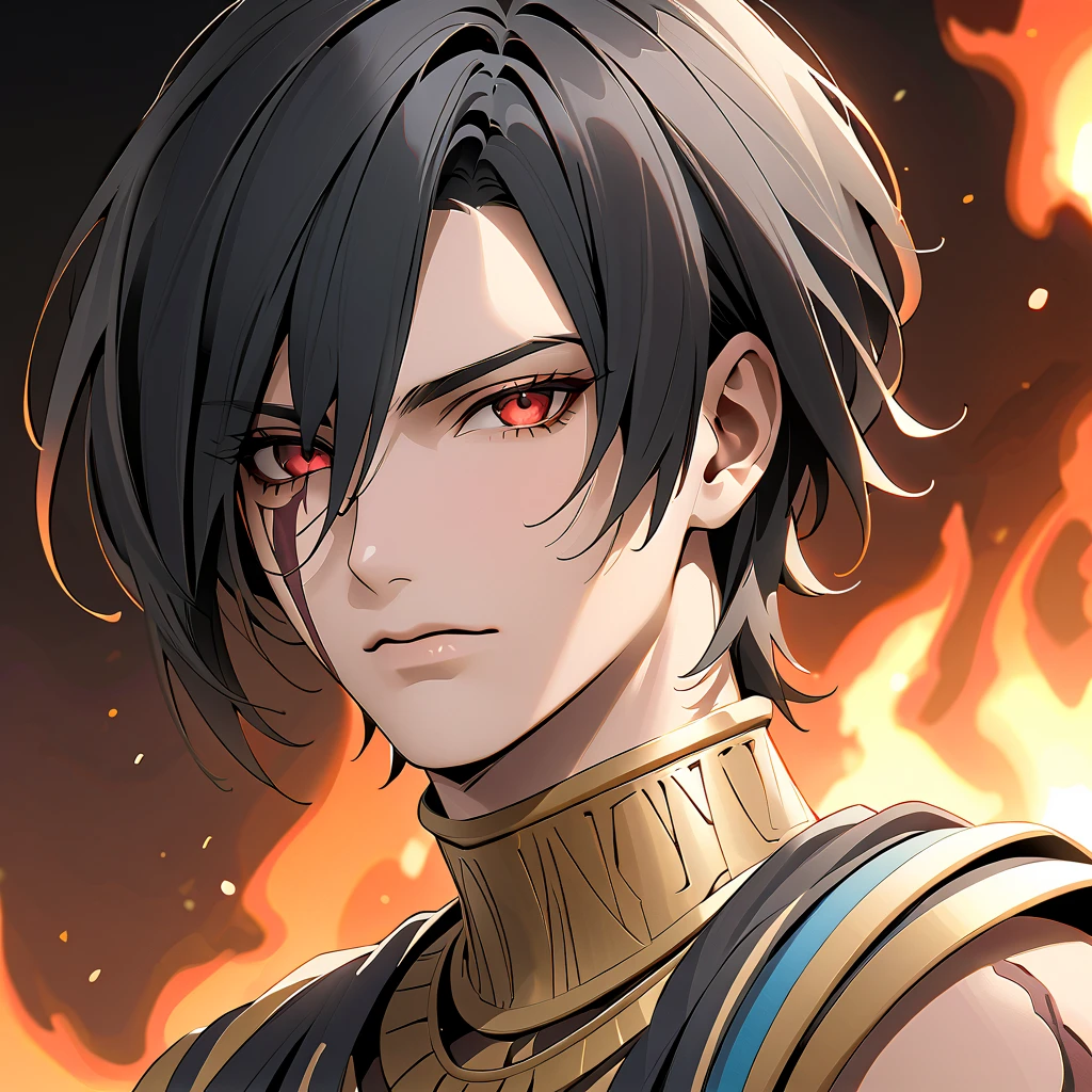    black hair,    sharp eye, Lewd Eyes, male　  red eyes　 short hair 　   handsome, ,   Ancient Egyptian Costumes　Burnt Skin Color 　 portrait　  upper body　  snapshot　  cowboy shot 