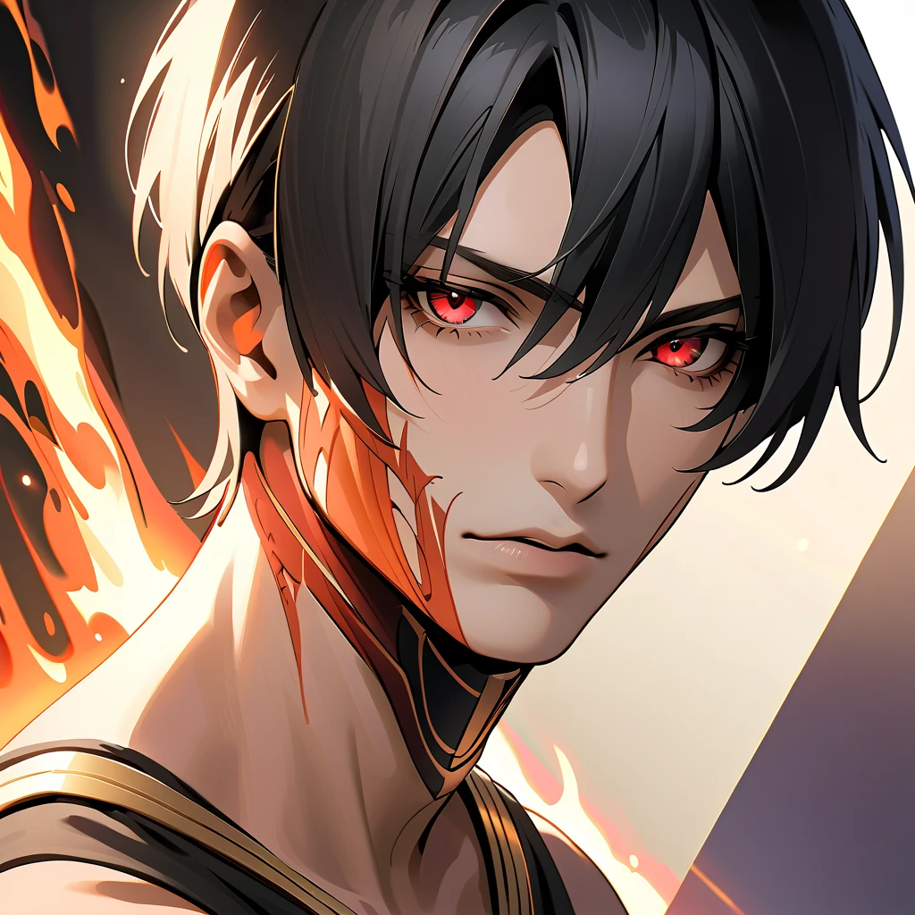    black hair,    sharp eye, Lewd Eyes, male　  red eyes　 short hair 　   handsome, ,   Ancient Egyptian Costumes　Burnt Skin Color 　 portrait　  upper body　  snapshot　  cowboy shot 