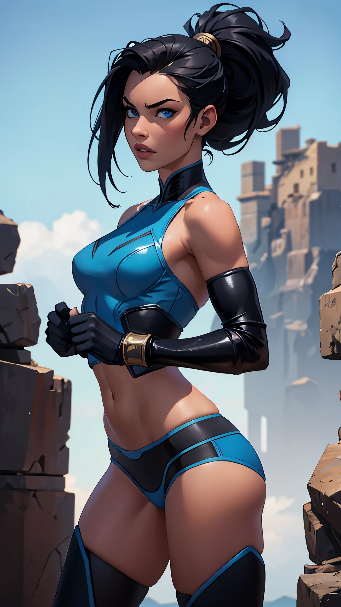 Kitana, (Mortal Kombat), ninja girl, powerful, blue classic sexy suit, ninja suit, ninja mask, botas adornadas, Young, skynny body, small and beautiful buttocks, toned abdomen, small and beautiful breasts, sensual, pose de artes marciales, patada alta, kick, flying kick, inframundo, ciudad en llamas, edificios destruidos en el fondo, Dramatic background, overflows a lot of energy in your body, tiene abanicos metálicos adornados en sus manos, mirando al espectador, sensual look, beautiful blue eyes, classic hairstyle,Hair dyed in bright black color, best quality,4k,8k,A high resolution,masterpiece,Ultra detailed,realistic, Photorealistic,photo realistic, ultra realistic 