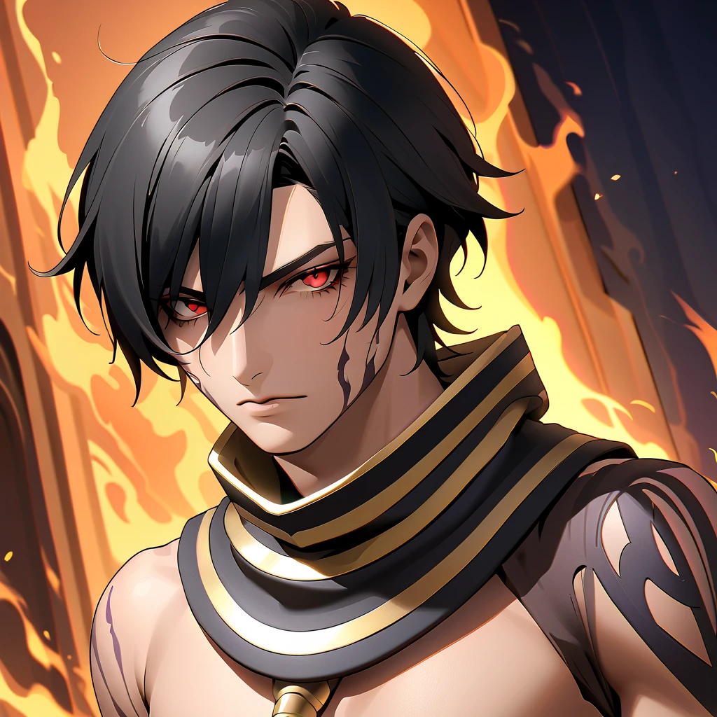    black hair,    sharp eye, Lewd Eyes, male　  red eyes　 short hair 　   handsome, ,   Ancient Egyptian Costumes　Burnt Skin Color 　 portrait　  upper body　  snapshot　  cowboy shot