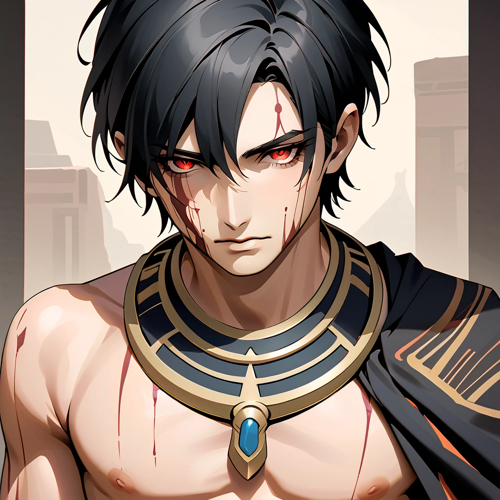    black hair,    sharp eye, Lewd Eyes, male　  red eyes　 short hair 　   handsome, ,   Ancient Egyptian Costumes　Burnt Skin Color 　 portrait　  upper body　  snapshot　  cowboy shot