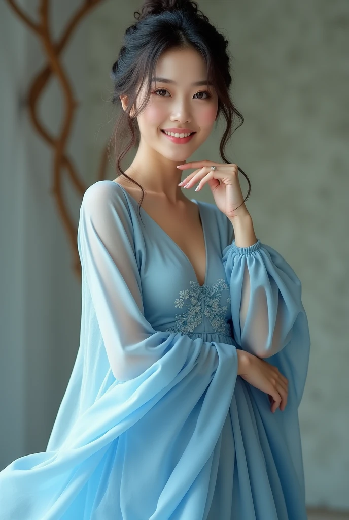 A beauty, (Race:Chinese),((night, High-floor suite with floor-to-ceiling windows, Atmosphere, Fascinating lighting)), (8K Ultra HD, 8K, Ultra-high resolution, best quality, masterpiece, Surrealism, Digital SLR Camera, Soft Light, Bokeh, Masterpieces), ((((Beautiful model-like face))), ((Creating the image of a real girl)), warm light, Realistic shadows, Dynamic poses, Elegant Posture, Cowboy lens, Full body front view, Be confident, Body facing the camera, Stand with your legs slightly apart, Expose, Golden Ratio Graphics, Minimalism, Center the character), (Happy smile, Big watery eyes, Cherry Blossom, Balanced Eyes, Perfect beautiful face, Normal facial features, Realistic skin, Attention to skin details, Skin is clean and radiant, Anatomically correct body, Sexy身材, cosmetic, Gloves, earrings, bracelet, necklace, Jewelry, veil, Hair accessories, Headdress, shawl, coat), ((beautiful hair), Dark brown hair, Big wavy curly hairstyle, Waist-length hair, Messy Hairstyle, Gradient hairstyles, Cyberpunk hairstyle), ((Transparent clothes:1.5), (Color of clothes: Dreamy powder blue), Transparent Clothes, See-through clothes, Tulle clothes, Mesh clothes, Transparent sci-fi Hanfu, Shiny micro bikini bra, (Clothes that accentuate your bust shape)), (Sexy的, Perfect breast shape, Teardrop chest shape, Snow-white breasts, very detailed breasts, 36C cups), (Tempting, Super high waist, Deep V, Low-cut, Sexy, Flattering, Open crotch, (Camel toe, High fork strangulation)), (sock, Knee socks, 吊garter, Leg ring, garter, 腿部garter), (style:Sexy,Mature), (Wet body:1.0) , (Wet clothes:1.0),