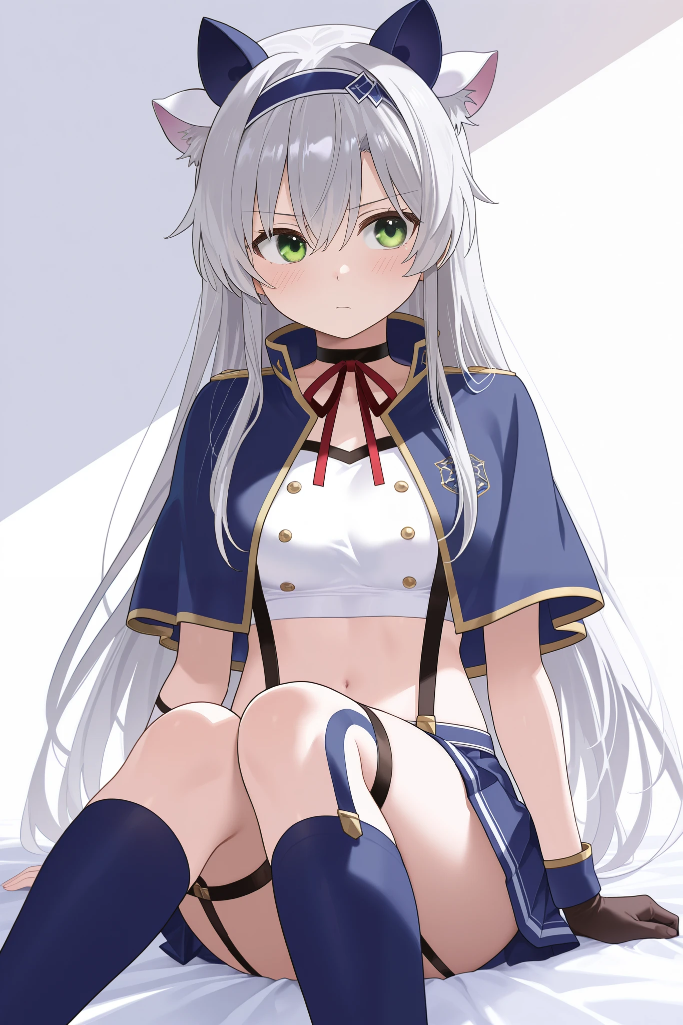 NSFW,masterpiece, top quality, high definition, very detailed,Sistine＝Fiebel 、 Roku Denashi Magi Instructor and Akashic Records、 green eyes、 gray hair、stupid hair、 small breasts、 long hair、 Blue Hairband 、 fake animal ears ,Arzano uniform , crop top、 blue capelet、 blue knee socks 、 neck ribbon、 choker 、 Garter Straps 、 wrist cuff on one side 、One glove、Uneven gloves 、Pleated skirt、Suspender skirt、abdomen