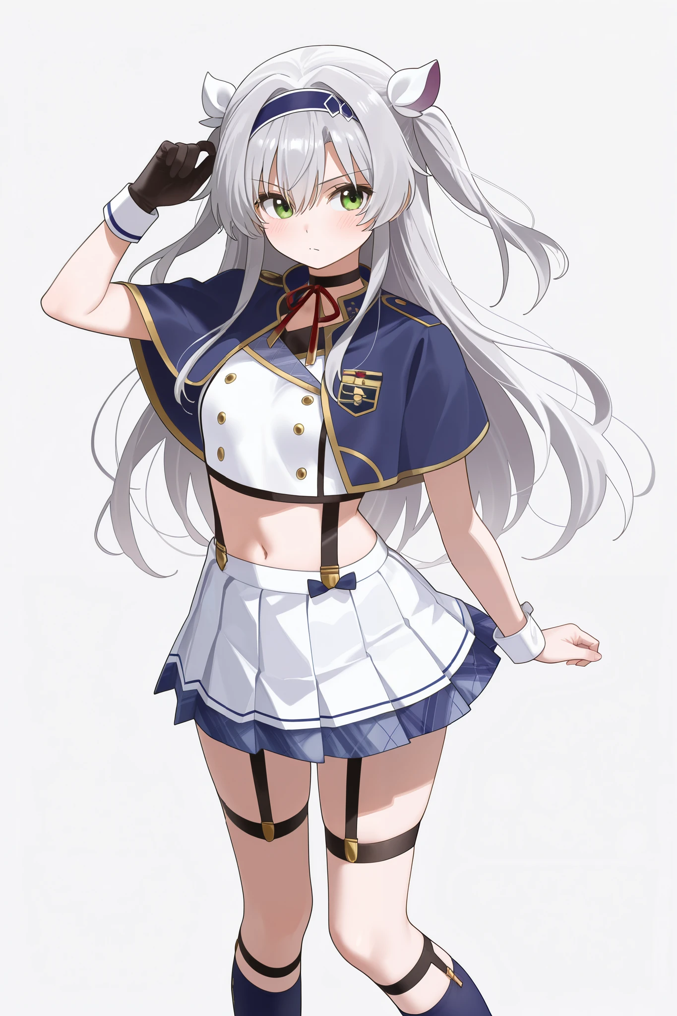 NSFW,masterpiece, top quality, high definition, very detailed,Sistine＝Fiebel 、 Roku Denashi Magi Instructor and Akashic Records、 green eyes、 gray hair、stupid hair、 small breasts、 long hair、 Blue Hairband 、 fake animal ears ,Arzano uniform , crop top、 blue capelet、 blue knee socks 、 neck ribbon、 choker 、 Garter Straps 、 wrist cuff on one side 、One glove、Uneven gloves 、Pleated skirt、Suspender skirt、abdomen