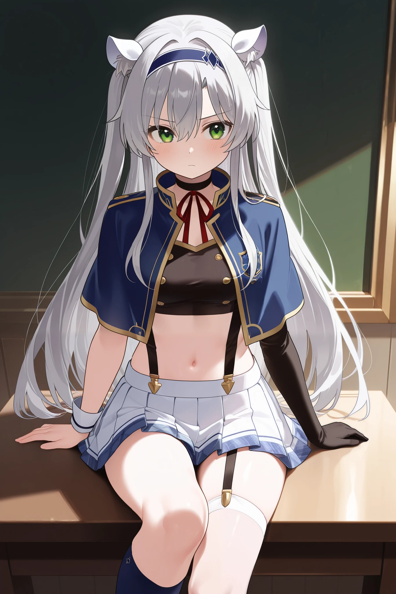 NSFW,masterpiece, top quality, high definition, very detailed,Sistine＝Fiebel 、 Roku Denashi Magi Instructor and Akashic Records、 green eyes、 gray hair、stupid hair、 small breasts、 long hair、 Blue Hairband 、 fake animal ears ,Arzano uniform , crop top、 blue capelet、 blue knee socks 、 neck ribbon、 choker 、 Garter Straps 、 wrist cuff on one side 、One glove、Uneven gloves 、Pleated skirt、Suspender skirt、abdomen