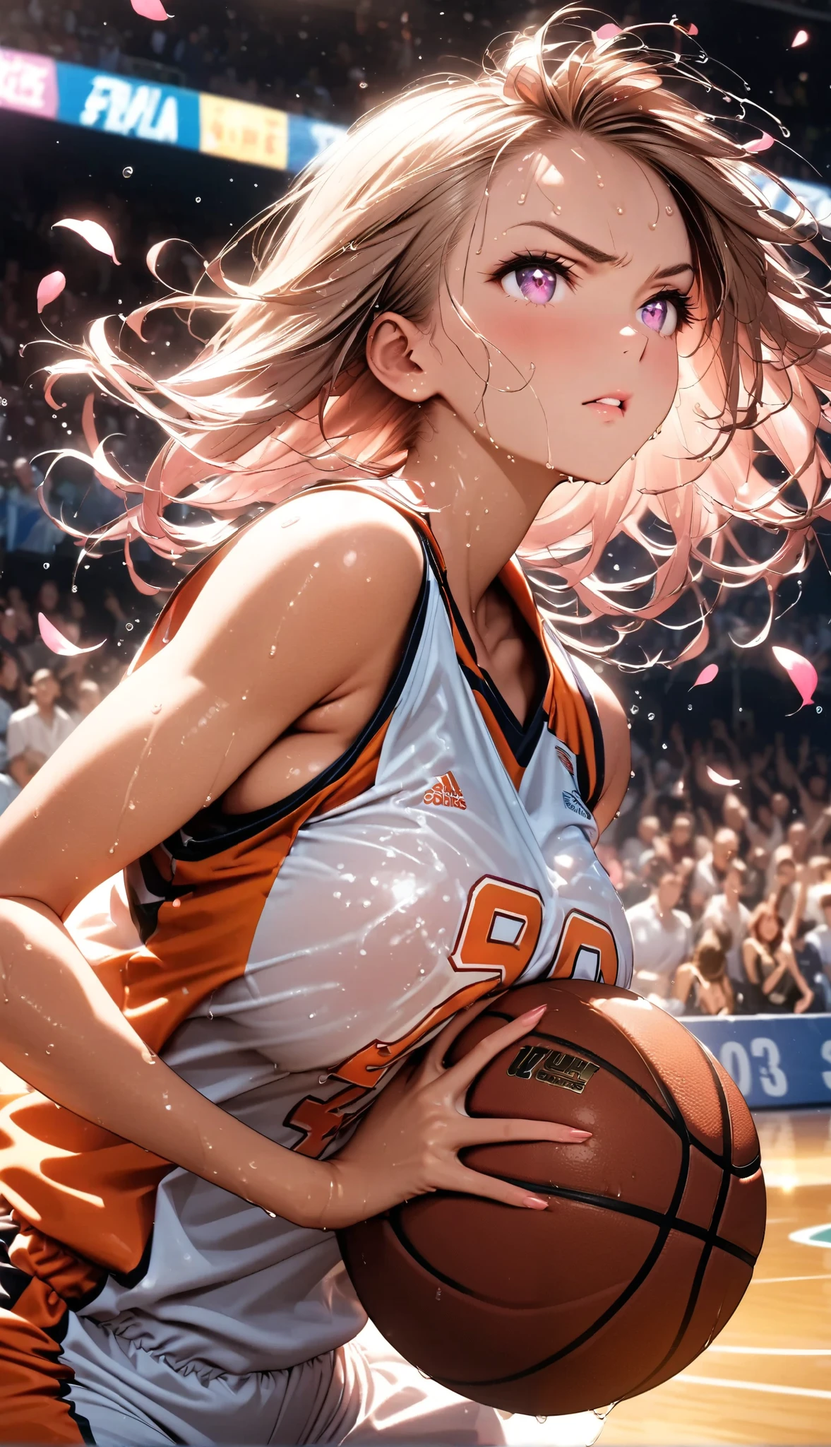 (Sports magazine cover photo), Highest quality, Great quality, 16K, Unbelievably absurd, Very detailed, delicate and dynamic, Natural light, The particles reflect light, Diffuse reflection of light, Many rainbow-colored petals fall, Beautiful street, Sparkling Sun, Diffuse reflection of light, Create amazing image effects, , Wet, sweating, Basketball Game, receive, Close-up(Cute sexy girl, big bouncing busts, Sensual expression, Cool girl, Serious, passion, Dynamic, Flashy Basketball uniform, ,audience , much-air-laden cheer)