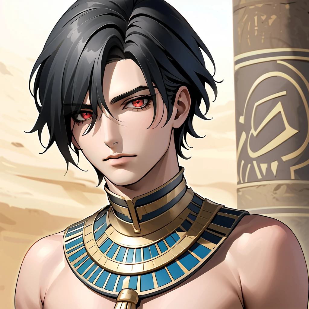    black hair,    sharp eye, Lewd Eyes, male　  red eyes　 short hair 　   handsome, ,   Ancient Egyptian Costumes　 Egyptian　 portrait　  upper body　  snapshot　  cowboy shot 