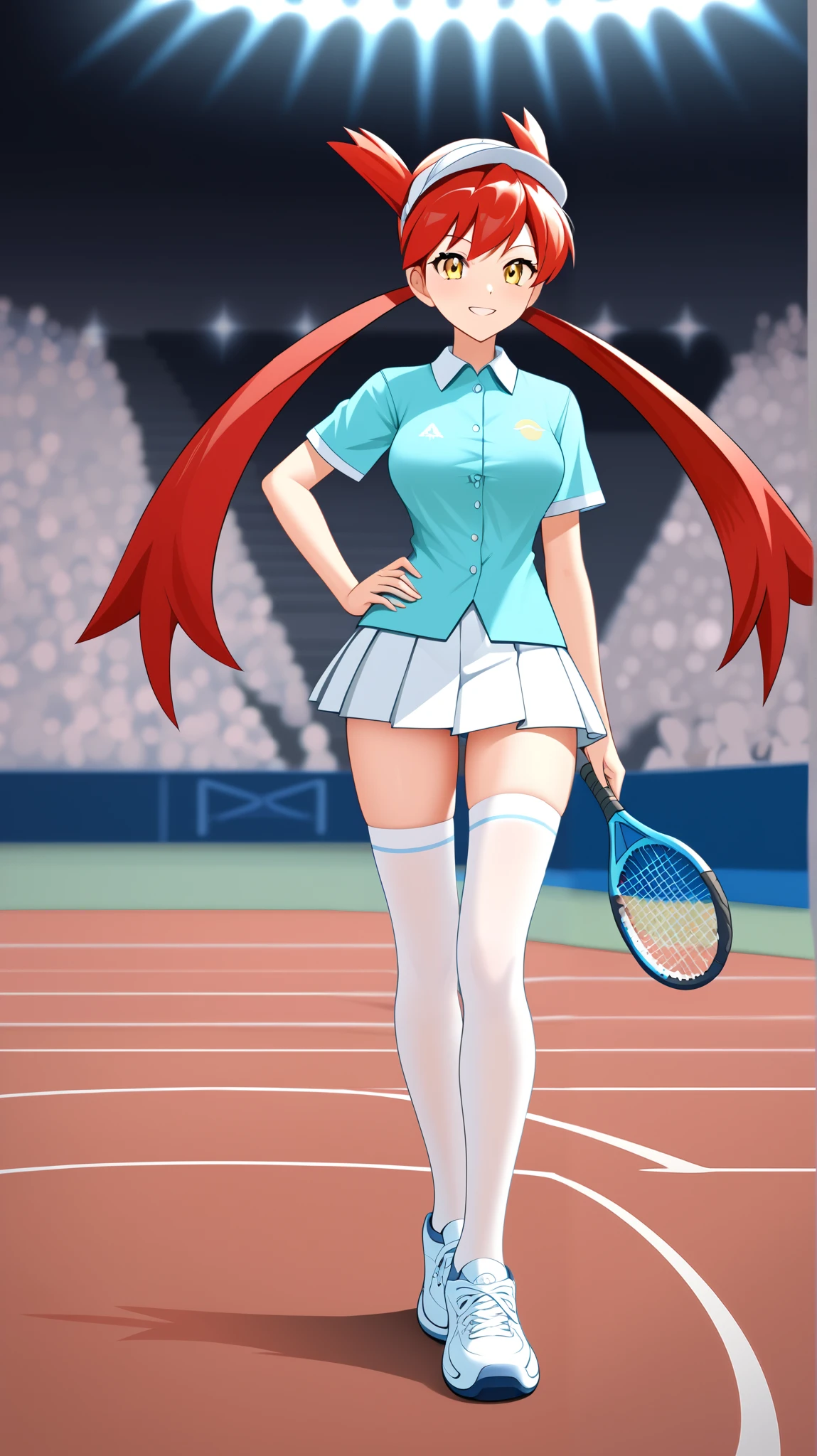 (( top quality)), ((masterpiece)), (( Details)), 1girl, Two legs, two arms, Red hair color,  twin tails,  long hair, Yellow Eyes, Ample breasts,  Tall,  Audience , 1 Female, Age 18,  tennis wear, White short-sleeved shirt,  white pleated miniskirt,  white knee-high stockings reflective on glass floors,  absolute domain,  thighs, white lace up shoes ,  sexy smile,  seductive smile , Place one hand on hip, Slim figure,  is standing,  ANIME COLORING BOOK,  score_9,  score_8_Excellent,  score_7_Excellent,  score_6_Excellent,  source_Anime,  cell shading,  flat color, vector, (\ Pokémon\),  tennis court,
