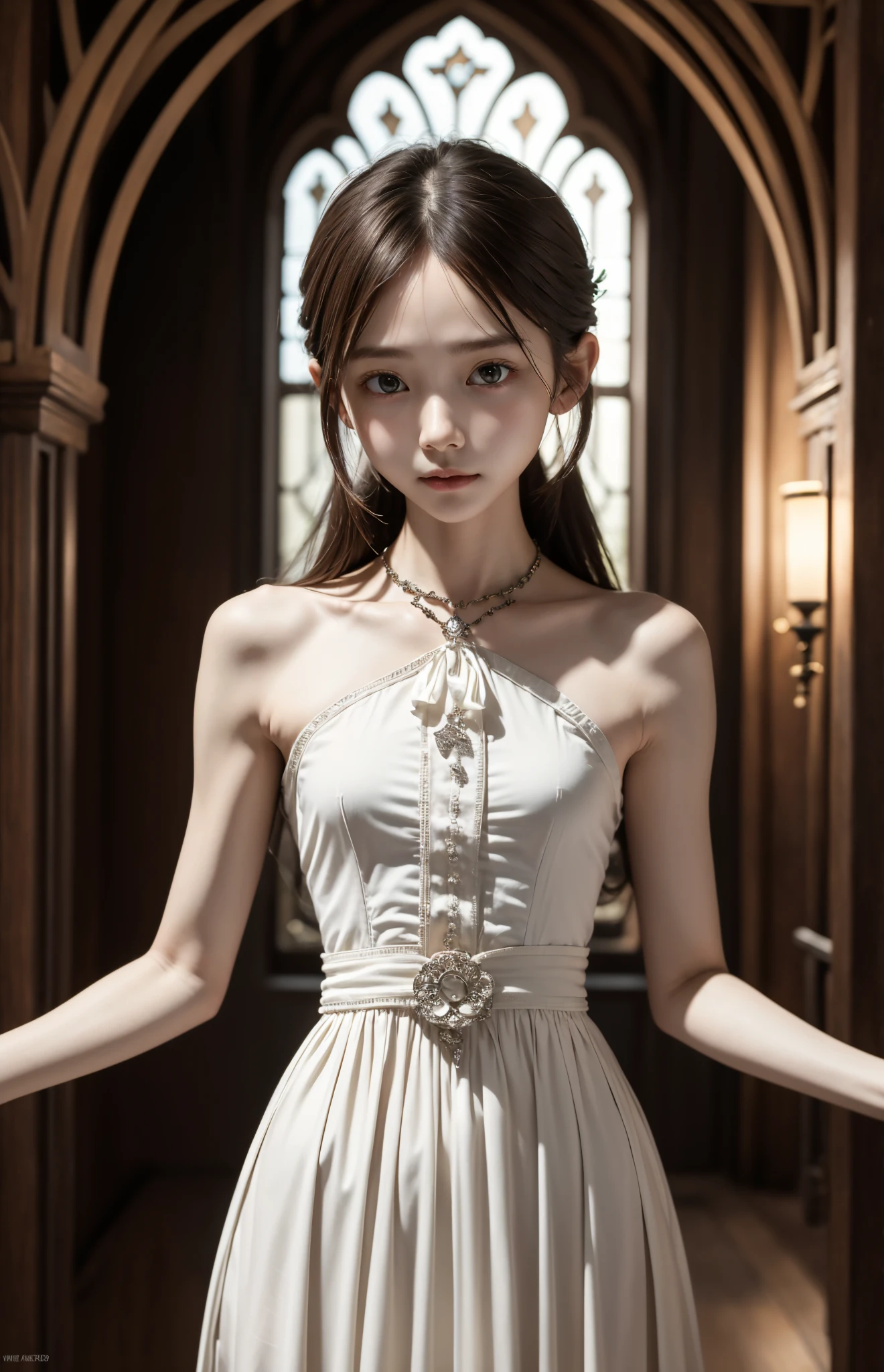  Unity 8K Wallpaper,  more details,  beautiful,  beautiful, masterpiece,  top quality, vibe, mystery, Romanticism, literature, art, fashion,  Victorian, Decoration, Complexity, Ironwork, race, meditation, Depth of emotion,  Supernatural, 1 girl, white skin,White Shoulders,Narrow shoulders,Thin arms, slender waist, bun hair 