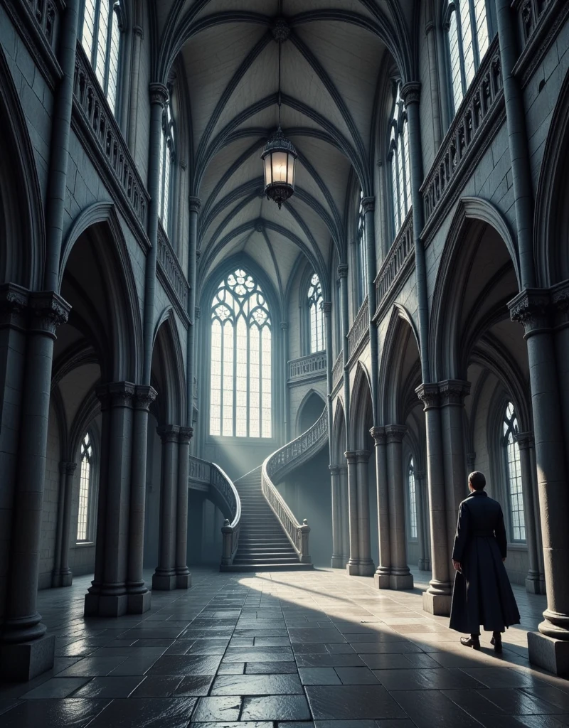 a winding, endless corridor, complex architecture, intricate gothic cathedral, ornate walls, high ceilings, dramatic lighting, moody atmosphere, winding staircase, mysterious doorways, ominous shadows, photorealistic, award winning, cinematic composition, muted color palette, chiaroscuro lighting, dramatic camera angle