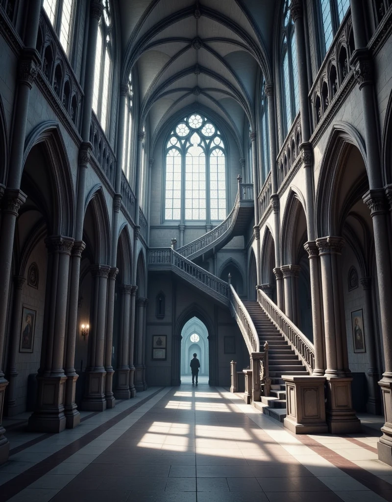 a winding, endless corridor, complex architecture, intricate gothic cathedral, ornate walls, high ceilings, dramatic lighting, moody atmosphere, winding staircase, mysterious doorways, ominous shadows, photorealistic, award winning, cinematic composition, muted color palette, chiaroscuro lighting, dramatic camera angle