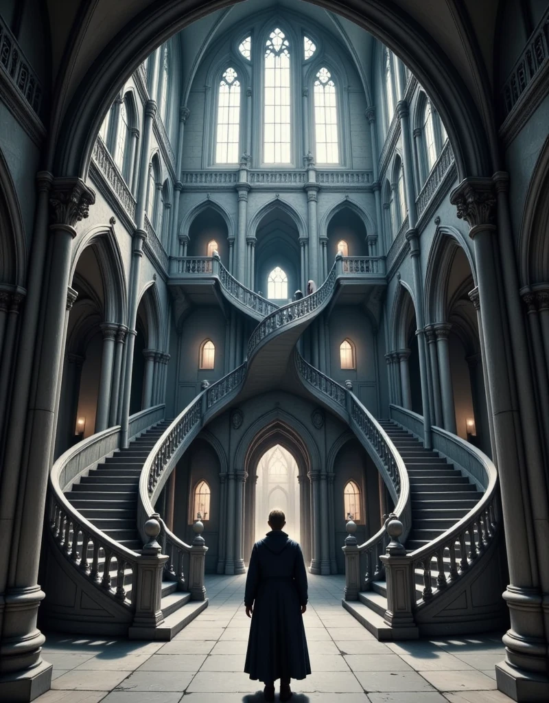 a winding, endless corridor, complex architecture, intricate gothic cathedral, ornate walls, high ceilings, dramatic lighting, moody atmosphere, winding staircase, mysterious doorways, ominous shadows, photorealistic, award winning, cinematic composition, muted color palette, chiaroscuro lighting, dramatic camera angle