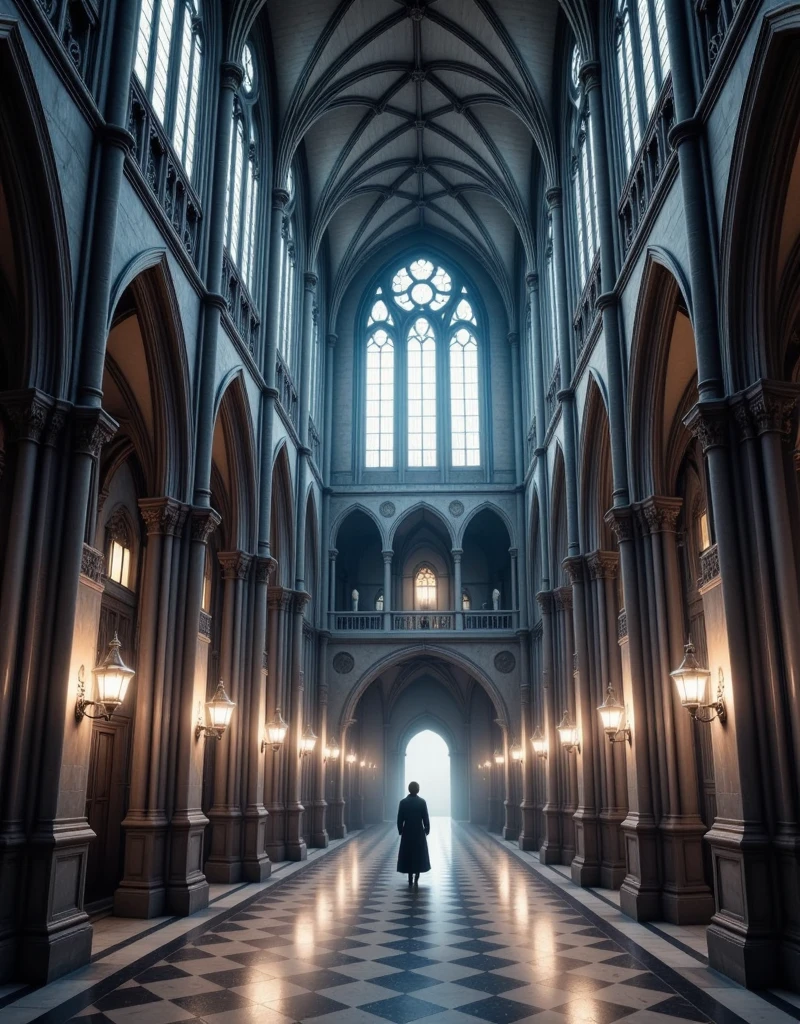 a winding, endless corridor, complex architecture, intricate gothic cathedral, ornate walls, high ceilings, dramatic lighting, moody atmosphere, winding staircase, mysterious doorways, ominous shadows, photorealistic, award winning, cinematic composition, muted color palette, chiaroscuro lighting, dramatic camera angle