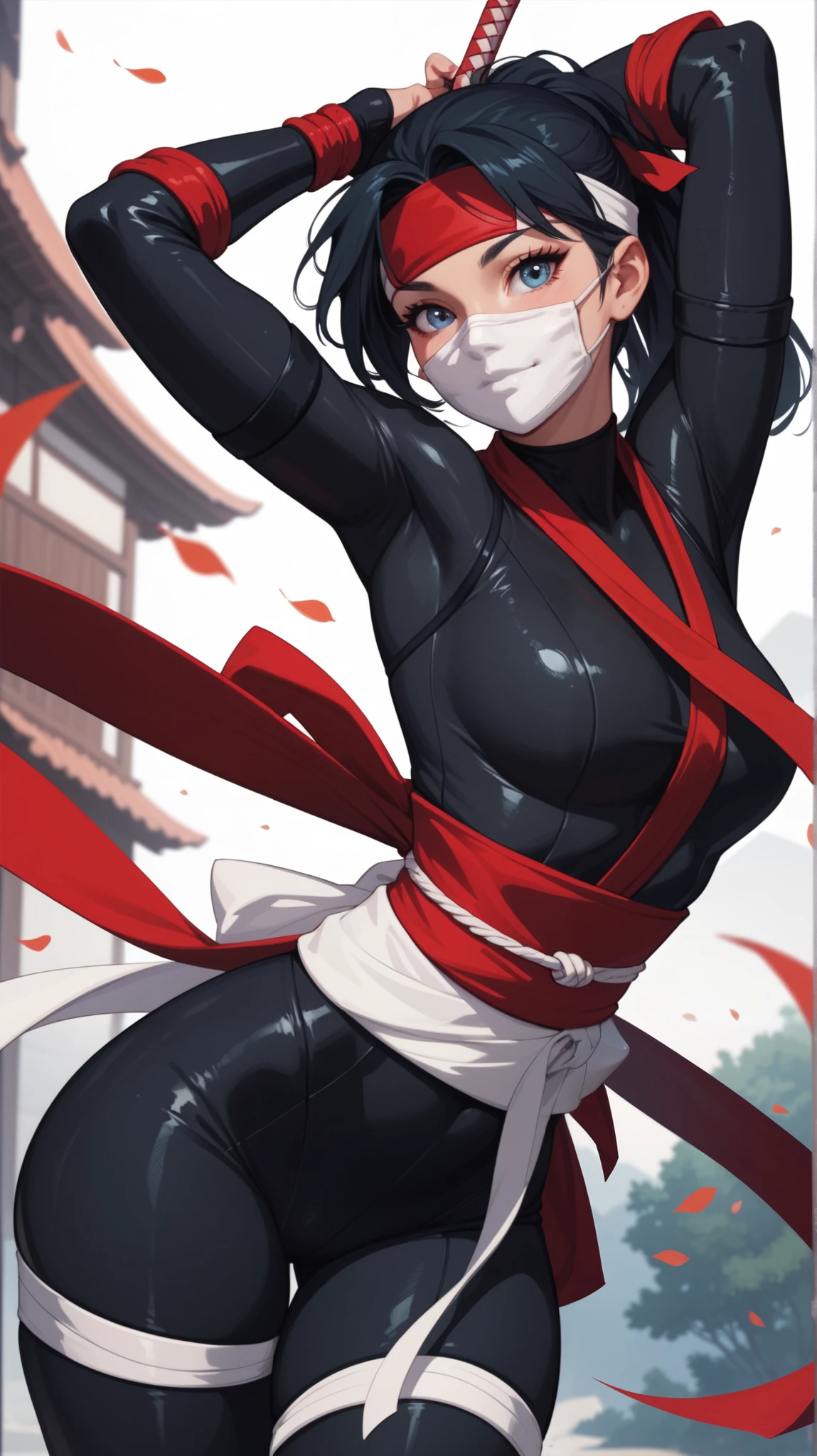Ninja suit, ninja pose, long red scarf, huge tits Rubor, red eyes, Japanese garden in the background