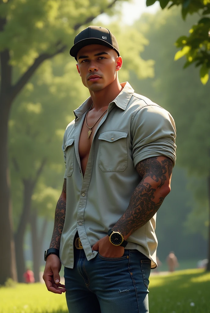 Fullbody standing picture of white skin Handsome muscular horny nude sexy gay man wearing blue skinny ripped jean tights, shiny black Disconnected Pompadour oiled hair style, blue eyes, shiny white varnished vinyl vans, red lip, chain, tattoos, horny, cum shot, sperm, milking penis, big penis, very big testicle, shiny oiled skin, orgasm, oversexed, standing outdoor.