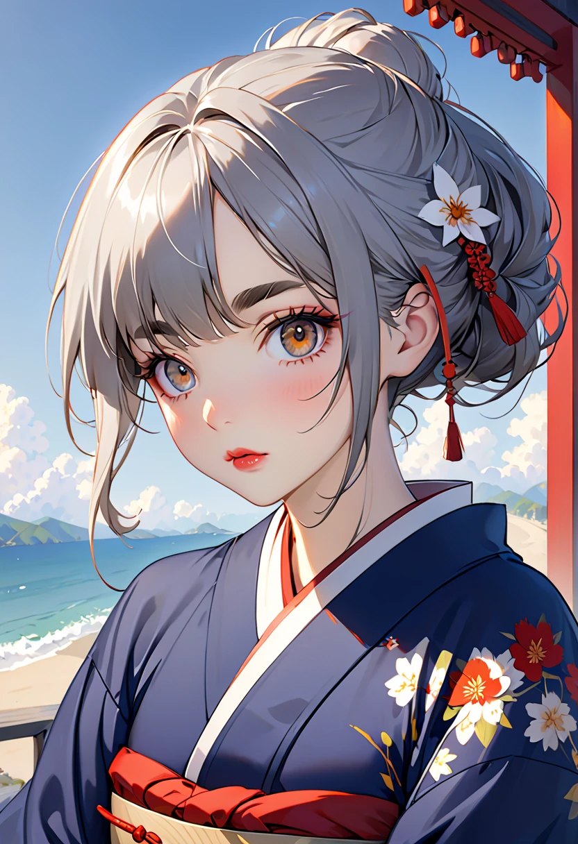  Yan,Thin eyelashes,Droopy eyes,Thick lips,Thick eyebrows,Eyes small, brown eyes,Gray Hair,whole body,Navy blue kimono