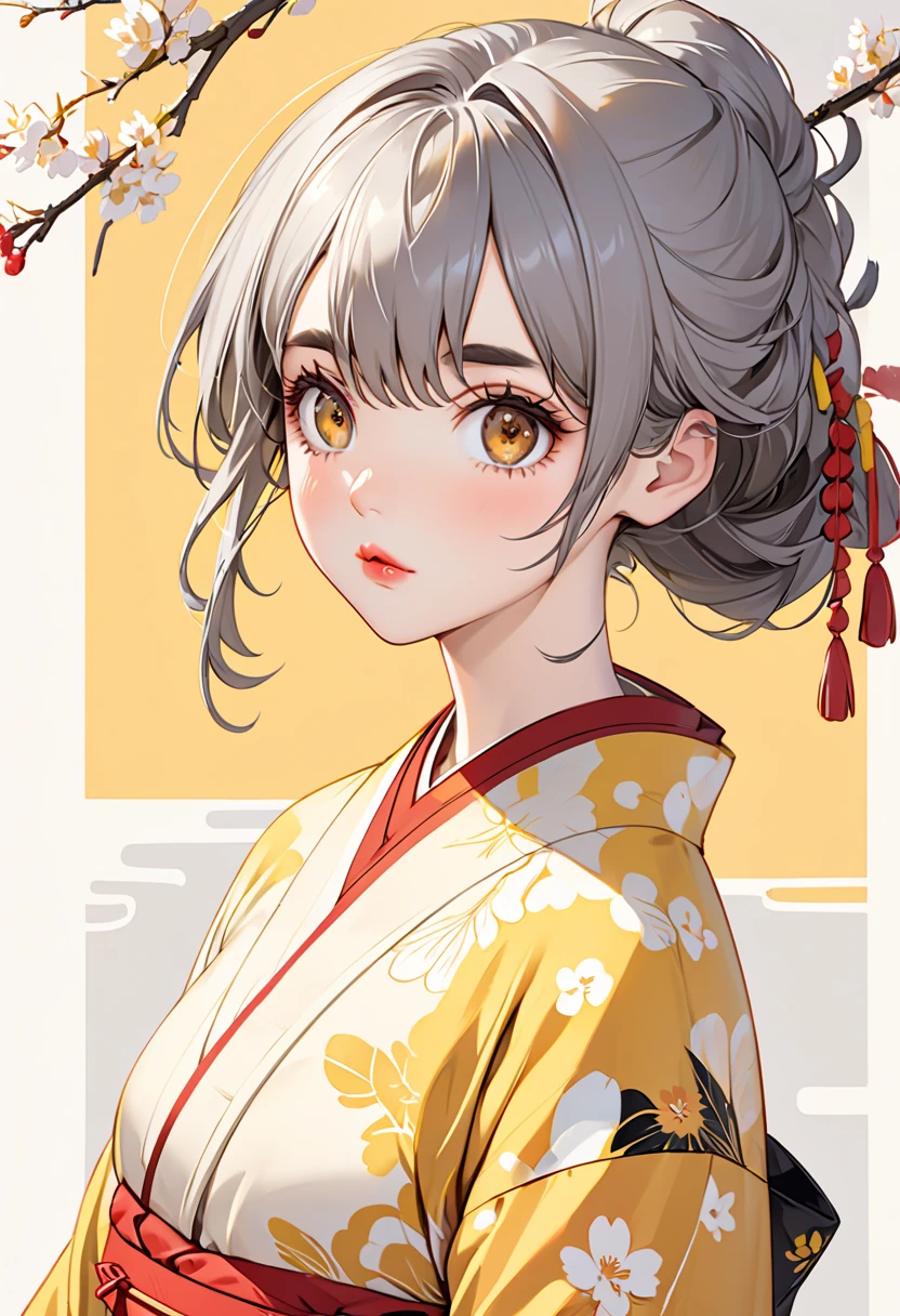  Yan,Thin eyelashes,Droopy eyes,Thick lips,Thick eyebrows,Eyes small, brown eyes,Gray Hair,whole body,Cute yellow kimono