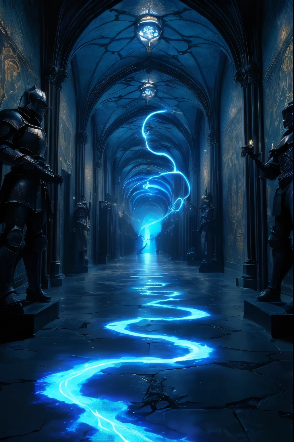 （masterpiece,Best quality 1.2),A never-ending hallway、Dark corridor、 Gothic Architecture , Beautiful metal knight statues on the left and right,（ more details、 high definition),[[ Mysterious Blue Fluorescent Spell ]]is arranged in space, Contrast of Light and Shadow 、Reflection of light、 unrealistic