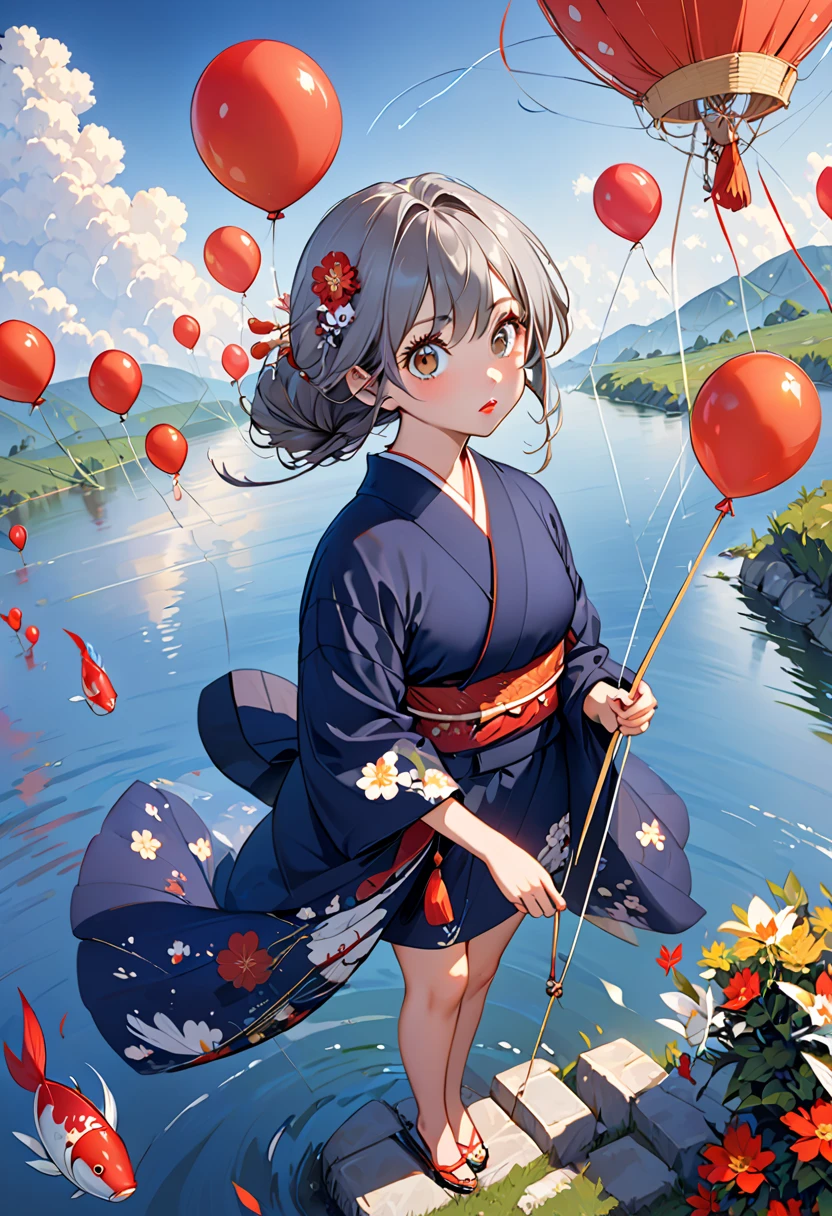  Yan,Thin eyelashes,Droopy eyes,Thick lips,Thick eyebrows,Eyes small, brown eyes,Gray Hair,whole body, navy blue kimono,balloon fishing 