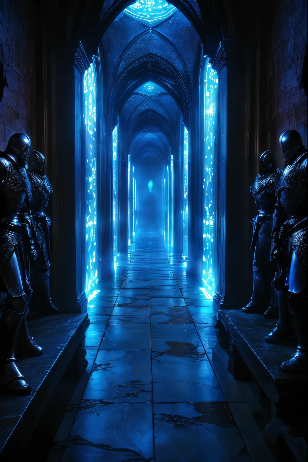 （masterpiece,Best quality 1.2),A never-ending hallway、Dark corridor、 Gothic Architecture , Beautiful metal knight statues on the left and right,（ more details、 high definition),[[ Mysterious Blue Fluorescent Spell ]]is arranged in space, Contrast of Light and Shadow 、Reflection of light、 unrealistic