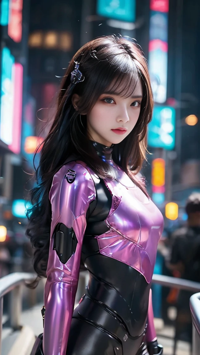 A stunning 20-year-old woman in a cyberpunk-inspired futuristic cityscape. She wears an advanced, close-fitting mechanical bodysuit with intricate glowing circuits and armor-like plating. The suit integrates seamlessly with her body, featuring a high-tech exoskeleton design, illuminated panels, and neon-lit components that highlight her movements. Her sleek visor covers one eye, projecting holographic data. The outfit balances functionality and style with futuristic aesthetics, blending metallic and flexible materials. The city around her is a vibrant cyberpunk environment with holographic advertisements, flying vehicles, and towering skyscrapers, all illuminated in neon pink, electric blue, and violet tones. Her confident and enigmatic expression adds a striking contrast to the high-tech world around her.