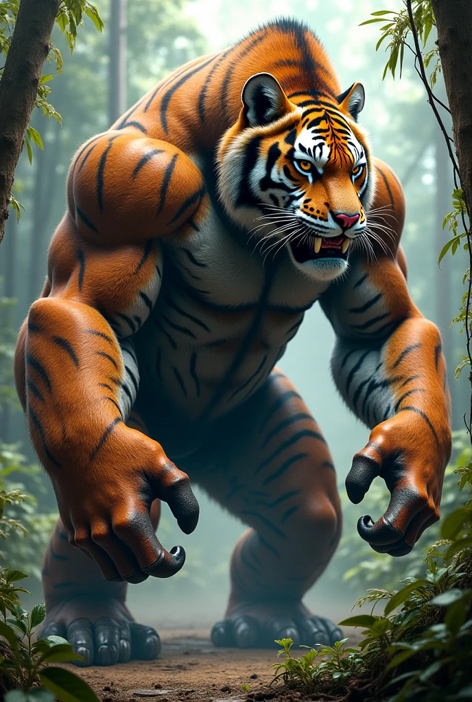 The fusion of Hulk and the tiger has created a colossal, ferocious beast with the muscular build of Hulk and the sleek, striped form of a tiger. This new hybrid creature has glowing green eyes, sharp claws, and a body rippling with strength, ready to unleash its newfound power in a vibrant, wild jungle