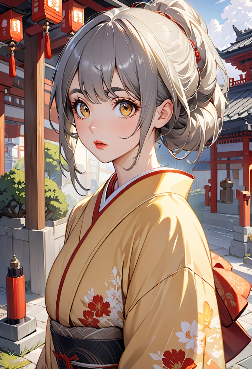  Yan,Thin eyelashes,Droopy eyes,Thick lips,Thick eyebrows,Eyes small, brown eyes,Gray Hair,whole body,Light yellow kimono, Shrine Precincts 