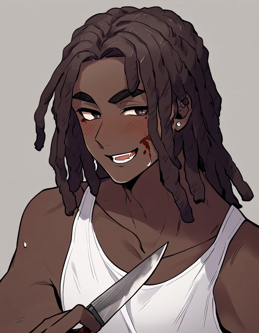 1boy, solo, messy hair, medium length hair, deliciated features, no fringe, without bangs, handsome boy, smirking, long brown hair, dreadlocks, very dark skin, white tank top, holding a bloody knife in his hand, smirking, stud earrings, sweating, blood on the side of his cheek, blushing, dark eyes