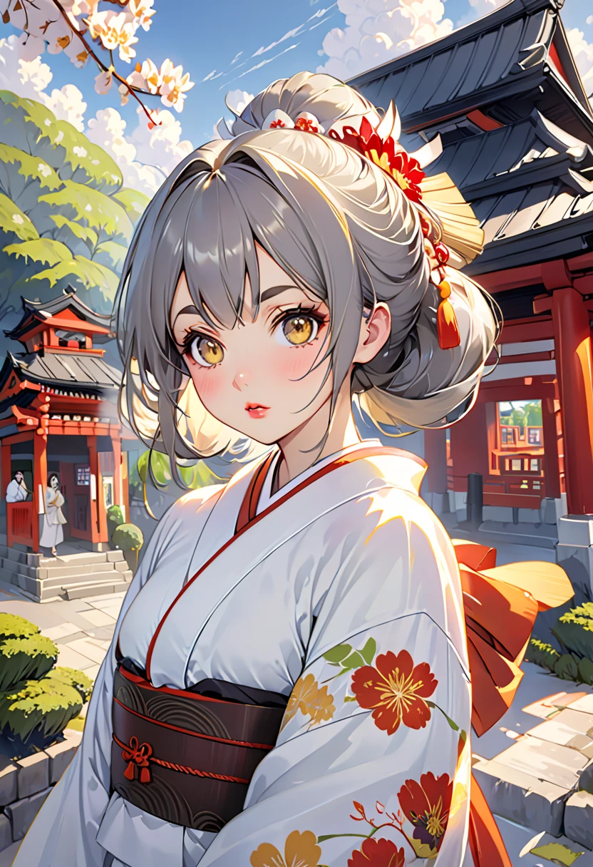  Yan,Thin eyelashes,Droopy eyes,Thick lips,Thick eyebrows,Eyes small, brown eyes,Gray Hair,whole body,Light yellow kimono, Shrine Precincts ,Southern Headdress