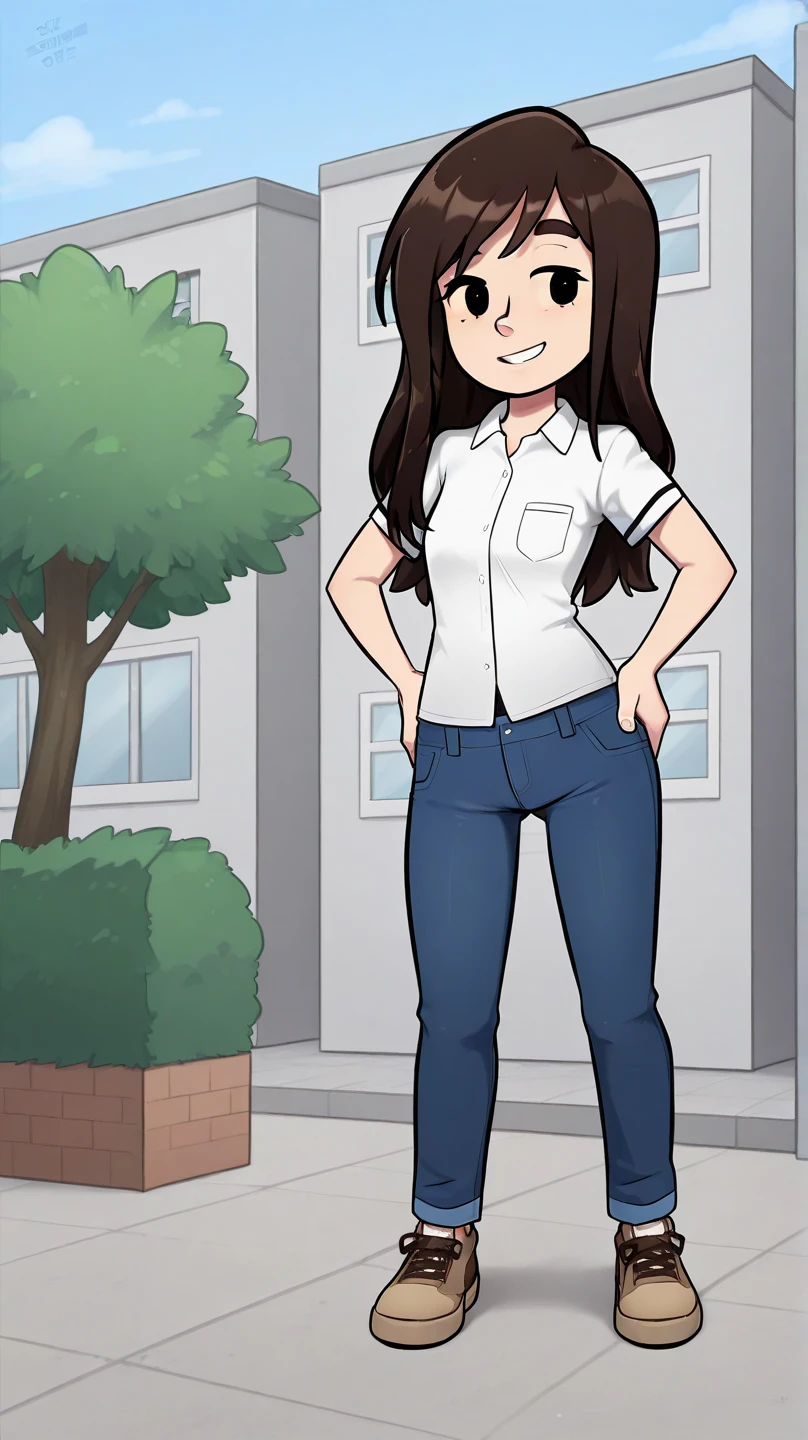 score_9, score_8_up, score_7_up, score_6_up, score_5_up,  1girl, solo, full body,
(source_cartoon),
Caroline_Storybooth, dark brown hair, dot eyes, thick eyebrows, long hair, smile,
outdoors,  blue sky,
Expressiveh, dark blue collared shirt, short sleeves, blue jeans, brown sneakers, hands on hips, half body 
