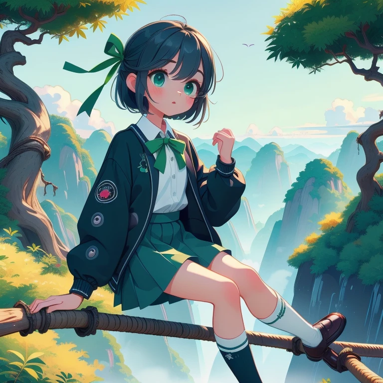 (masterpiece, best quality, detailed:1.5), sitting on tightrope from high sky, 1girl, solo, green theme, school uniform, black jacket, long sleeves, collared shirt, white shirt, neck ribbon, grey skirt, black socks, footwear,  