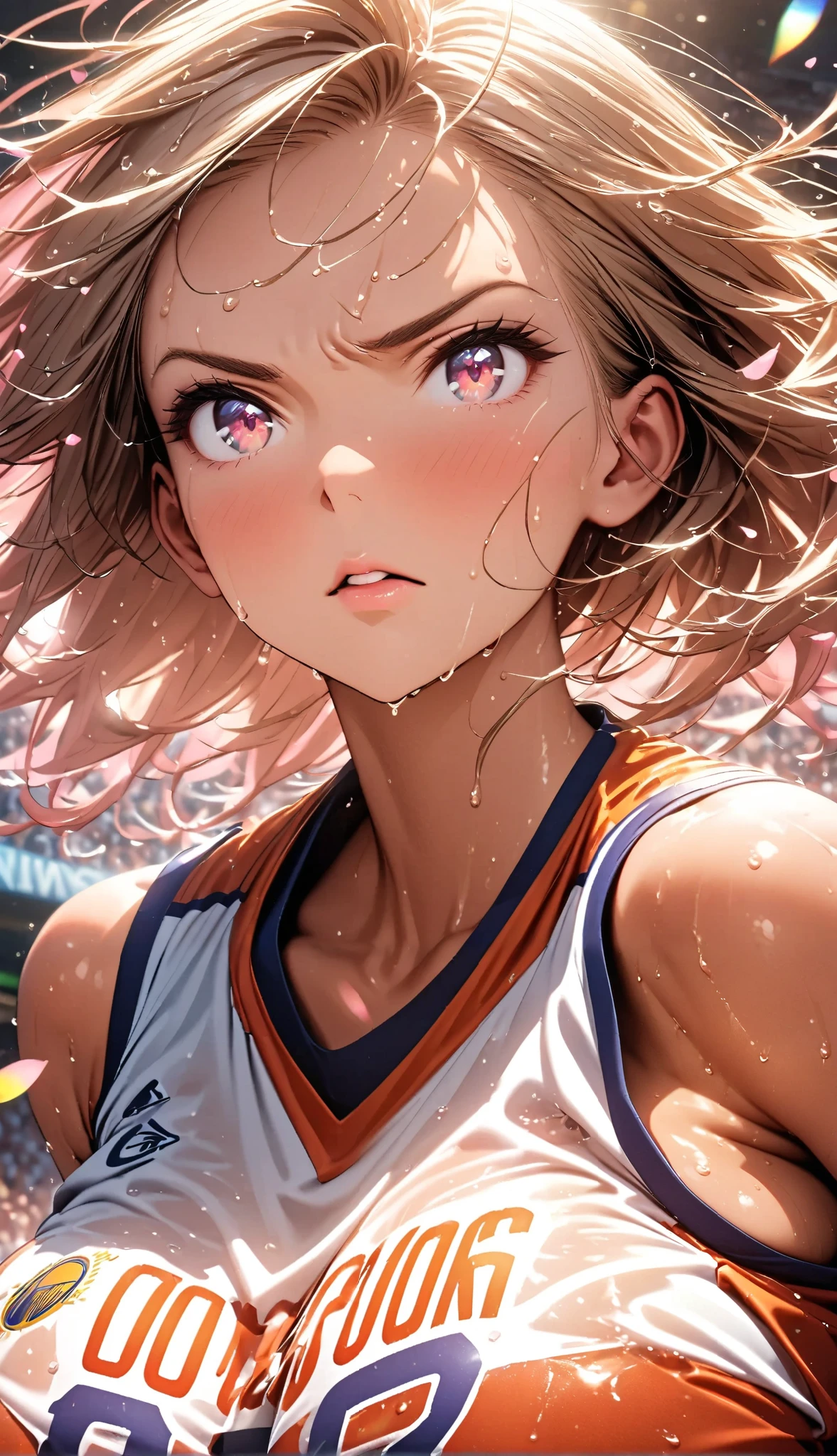 (Sports magazine cover photo), Highest quality, Great quality, 16K, Unbelievably absurd, Very detailed, delicate and dynamic, Natural light, The particles reflect light, Diffuse reflection of light, Many rainbow-colored petals fall, Beautiful street, Sparkling Sun, Diffuse reflection of light, Create amazing image effects, , Wet, sweating, Basketball Game, receive, Close-up(Cute sexy girl, big bouncing busts, Sensual expression, Cool girl, Serious, passion, Dynamic, Flashy Basketball uniform, ,audience , much-air-laden cheer)