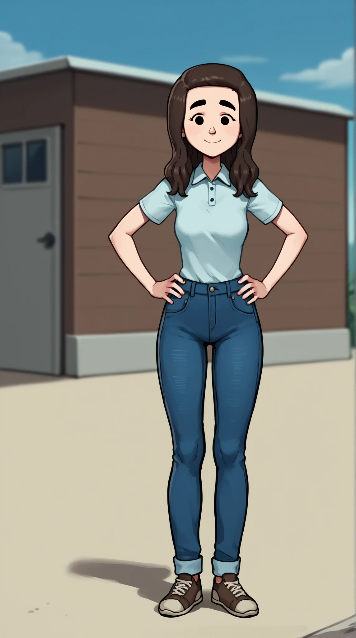 score_9, score_8_up, score_7_up, score_6_up, score_5_up,  1girl, solo, full body,
(source_cartoon),
Caroline_Storybooth, dark brown hair, dot eyes, thick eyebrows, long hair, smile,
outdoors,  blue sky,
Expressiveh, dark blue collared shirt, short sleeves, blue jeans, brown sneakers, hands on hips 
