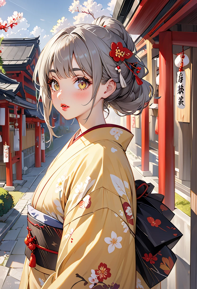  Yan,Thin eyelashes,Droopy eyes,Thick lips,Thick eyebrows,Eyes small, brown eyes,Gray Hair,whole body,Light yellow kimono, Shrine Precincts ,Wax plum hair ornament