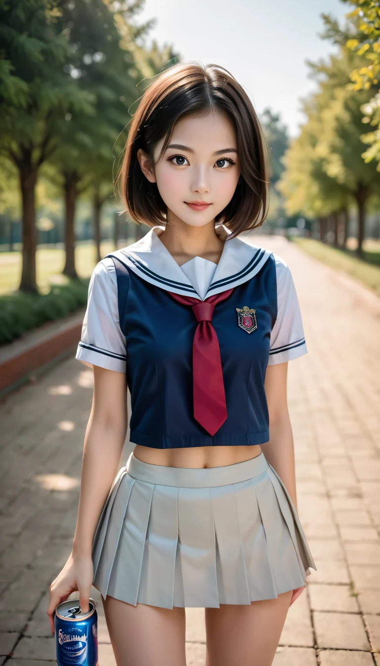  detailed face ,  cute face,18-year-old female,  long hair,  RAW photos, Bokeh ( realism: 1.4,  realistic),  high resolution CG integrated 8K wallpaper ,  one girl, (( slim body : 1)), ( small breastss: 1), Back to viewers, ((Direct View from Front )), ( High Quality スキン: 1.4),  8K ultra HD,  DSLR , Soft light,  High Quality ,  film grain,  Fujifilm XT3, (( school uniform,  short skirt, can be seen through the open skirt:1.5)), (( outdoor, In the park))) lamb,  portrait,(( superimposed short hairstyle, , small breasts:1.2)),(View your viewers:1.4),(whole body:1.8)