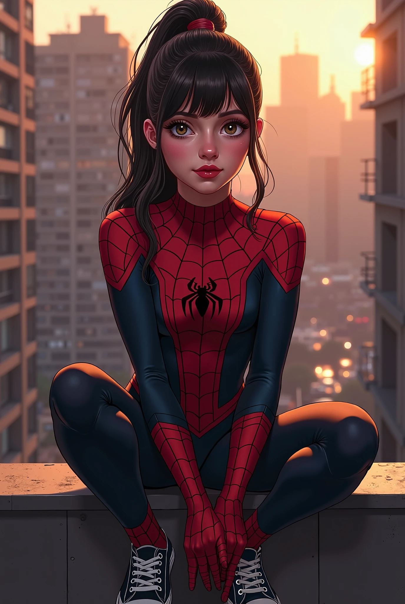 A comic book style “realistic” image of the Marvel Universe. A girl from , white skin and freckles on the face. Hair must be black, with bangs and shoulder length, Replicated. Brown eyes not so big and wearing the Spiderman suit. full mouth.