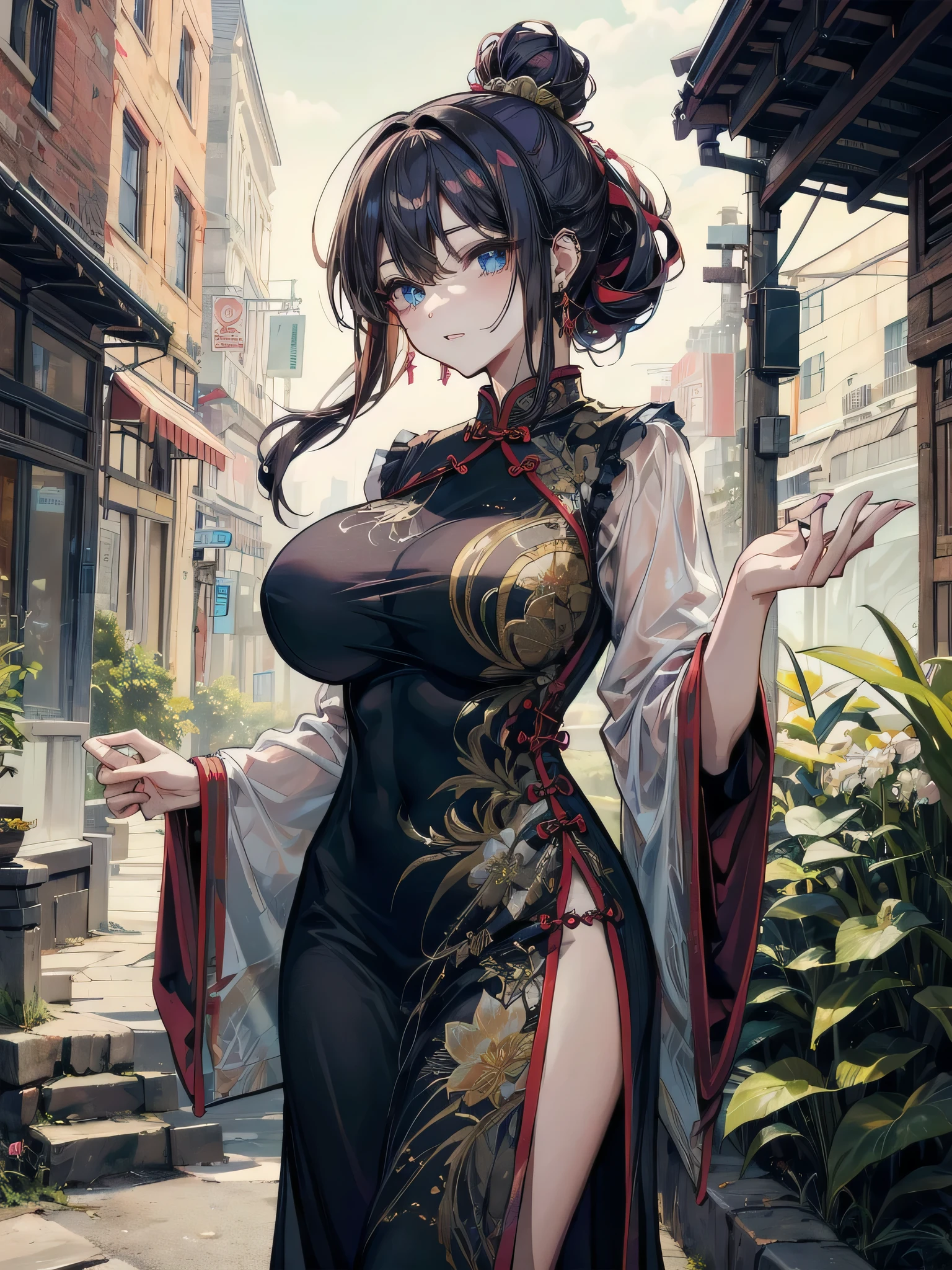 4k, high quality, soft light, cel shading, thick lines, short black bob hair, dark eyes, sexy, big breasts, thick thighs, wide hips, chinese dress, leg slit, muscular, toned, long flowing chinese dress, ornate, jewelry, hair bun, hair accessory, sexy anime lady, thicc, thick lady, thick hips