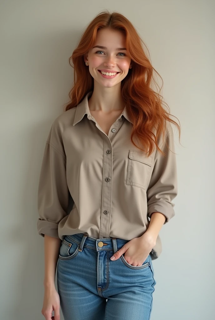her name is Anna Maria Schmidt, high quality, ((white pale skin)), 1girl, ((20-year-old fit Caucasian woman)), ((20 years old)), ((fit)), ((ginger hair with bangs)), pose: standing, wearing stylish (((light-grey blouse and shorts))), BACKGROUND: Rows of vines or fruit trees create a lush and organized backgroun, ugly smiling, standing, loose waves