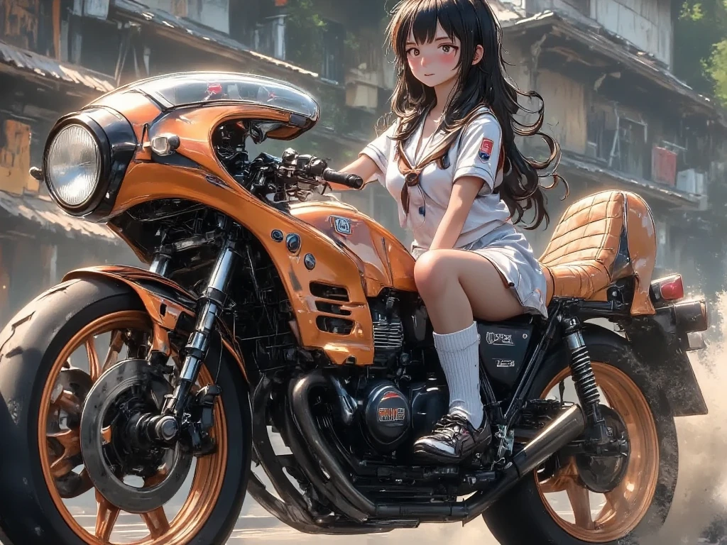 1GIRL\(glossy brown skin,sailor suit,loose socks,smirk,open mouth,looking away, body forward-bent\) cornering by MOTORCYCLE\(CAFE RACER TUNED HONDA CBX400,Frocket cowl\), masterpiece, best quality,newest anime style, motion blur, high speed, cornering, dust,dutch angle,screen cap of game, 3d,close-up shot of motorcycle